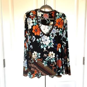Johnny Was Floral Long Sleeve Top - Black and Orange